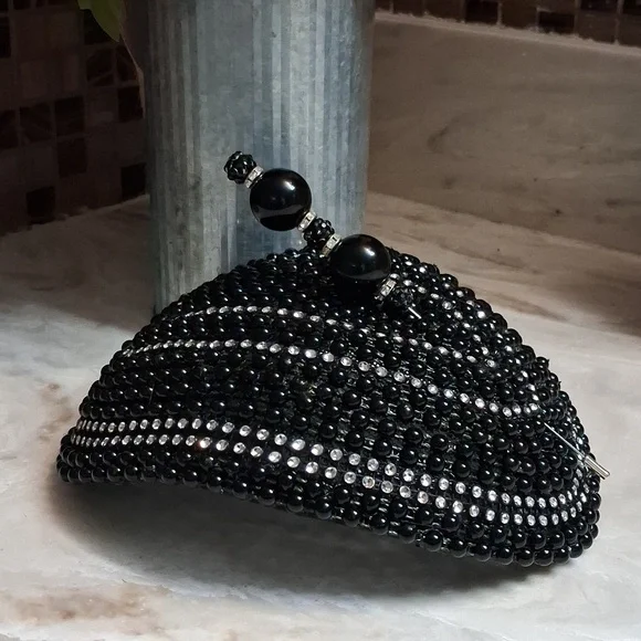 Black Beaded Fascinator Hat with Silver Details. - Picture 1 of 6